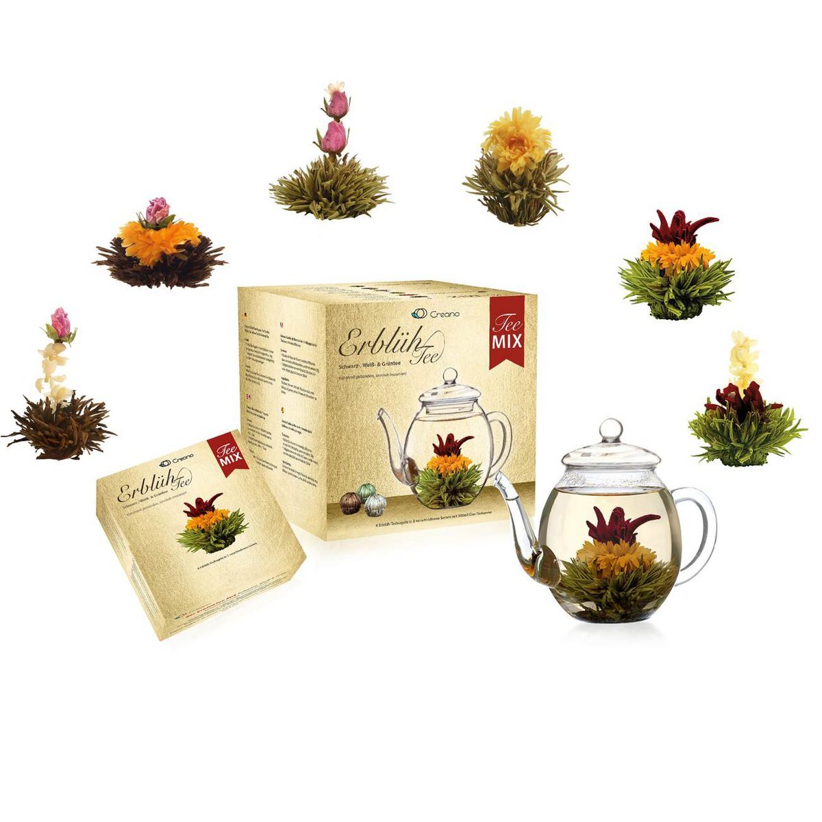 Gold Set Blooming White & Black& Green Tea with Glass Teapot - Blooming tea - Luvvy